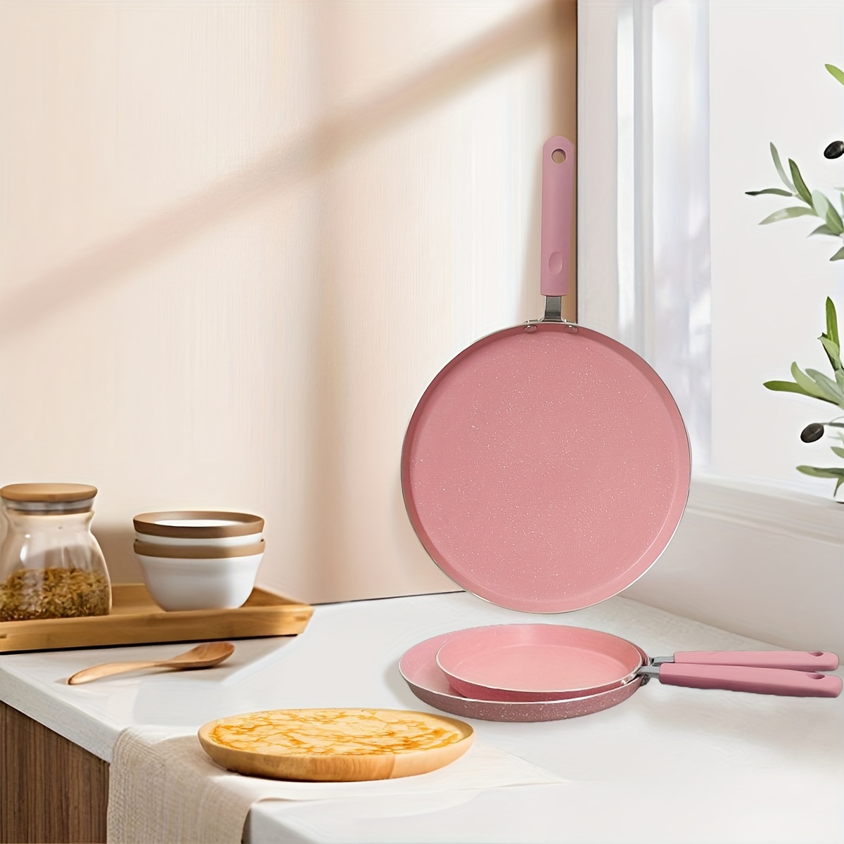 

1pc, Non-stick Pink Maifan Stone Pancake Pan With Handle, Aluminum, Suitable For Induction Cooker And Gas Stove - Available In Small, Medium, Large Sizes