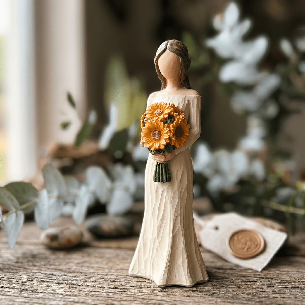 TEMU Exquisite Resin Figurine Statue, Holding Sunflower Bouquet Ornament, Hand-painted Desktop Decor, Perfect Gift For Women, , Mother, Elegant
