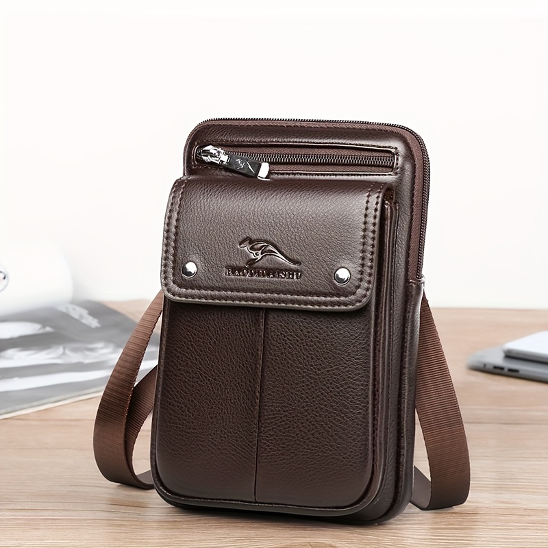 

[textured ] Men's Brown Leather Crossbody & Waist Bag With Adjustable Strap - Casual Multi-compartment Design, Ideal For Daily , Waist Phone Holder| Accent| Zipper Closure