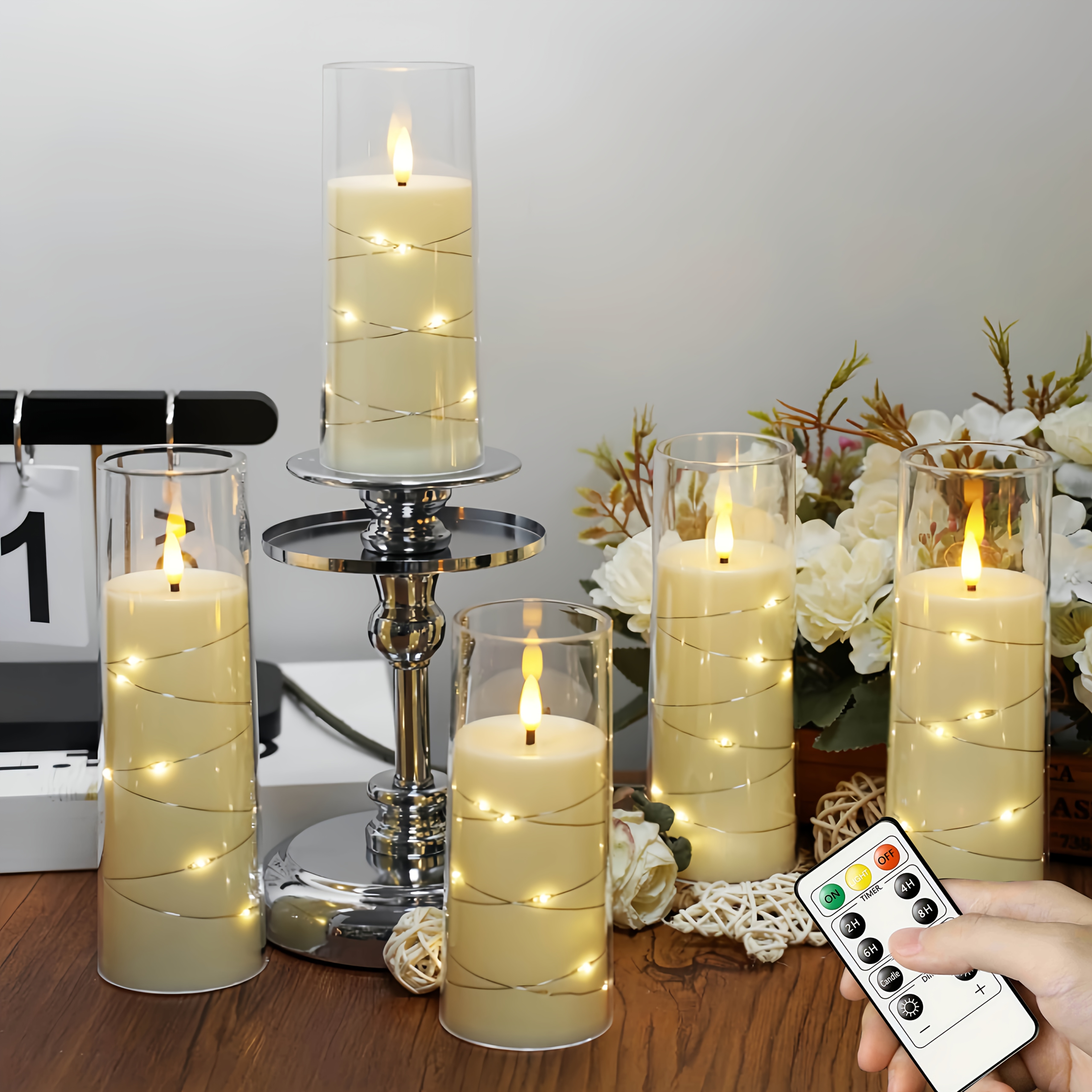 item picture timer   flameless led candles 5pcs flickering unlit candles suitable for romantic ambiance and home decor stable acrylic housing embedded star shaped string battery powered candles