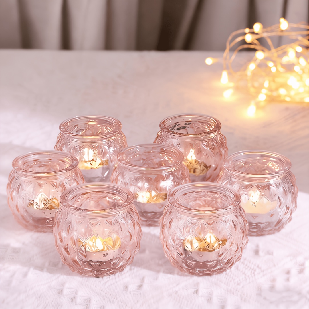 6pcs Pink Wish Candle Holder - Round Glass Candle Holders For Tea Light Candles, Diamond Texture Wax Wishes, Suitable For Wedding Centerpieces, Party And Home Decor