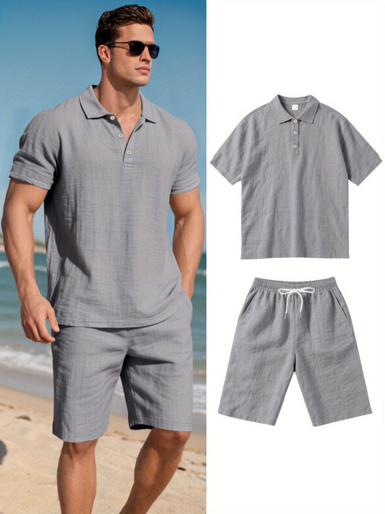 Men's Linen Short Sleeve Shorts Set, Summer Outdoor Sports Casual Breathable Short Sleeve Shirt with Shorts