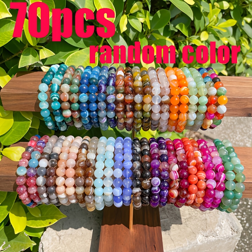 Image of 70pcs Random Bohemian-style Glass Bead Bracelet- Multicolored 8mm Round Beads On Elastic Cord, Unisex Design, Birthday/- Suitable Accessory