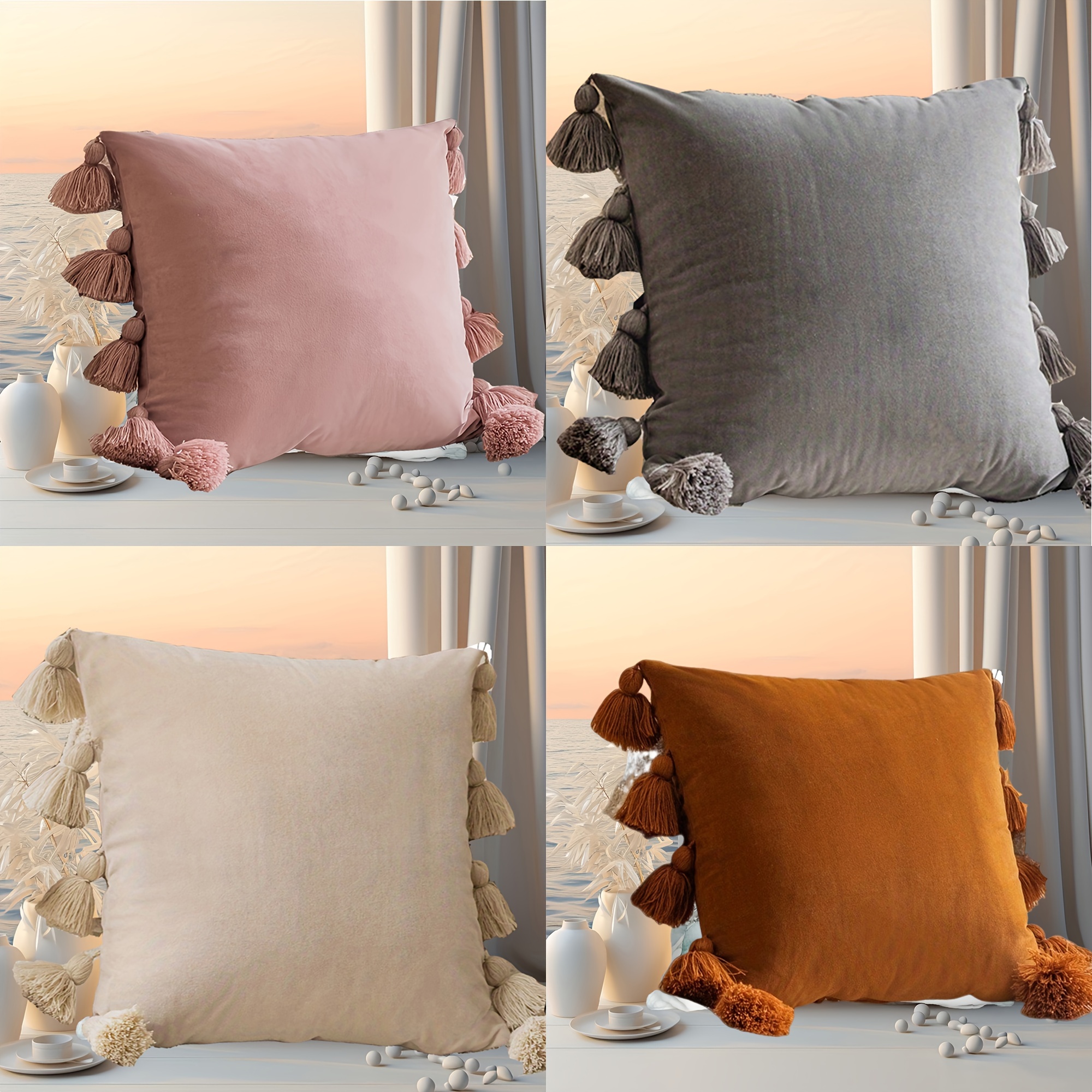 

1pc, Cute Boho Style Decorative Throw Pillow Covers With Handmade Tassels, Soft Velvet Solid Color Square Cushion Cover Set For Sofa Sofa Bedroom Car Living Room Home Decor, Without Pillow Insert.