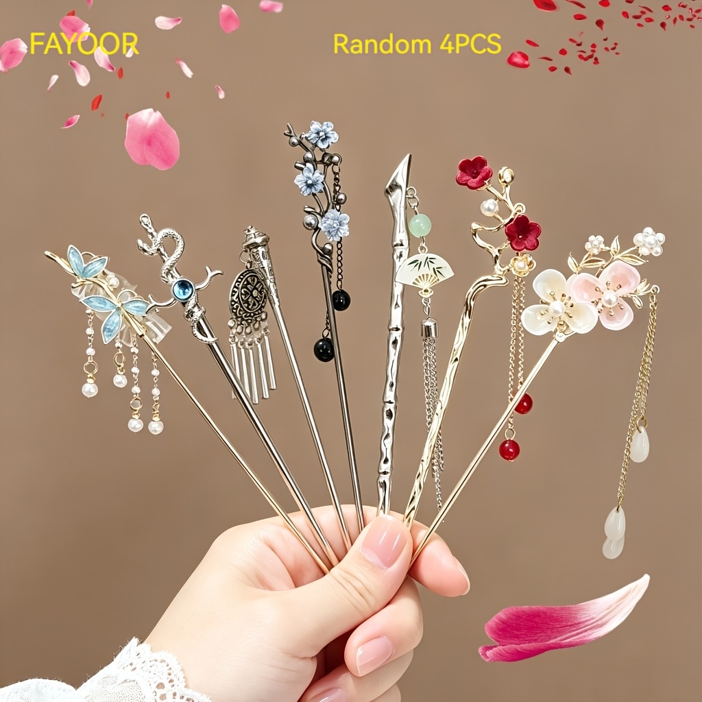 TEMU Lot de 4 épingles à cheveux style aléatoire série florale vintage chinoise à pompons, accessoires de coiffure élégants orientaux Hanfu, épingles