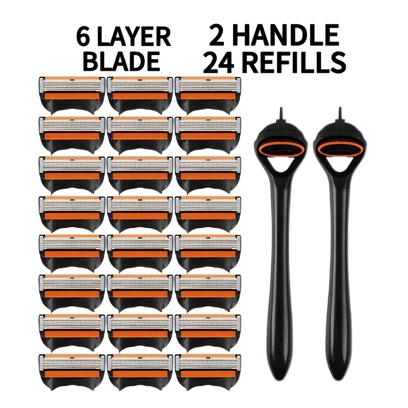 TEMU Set da barba manuale da con 2 manici + 24 lame, rasoio di manuale a 6 , lame in acciaio inossidabile qualit�, riutilizzabile da pulire, liscia,