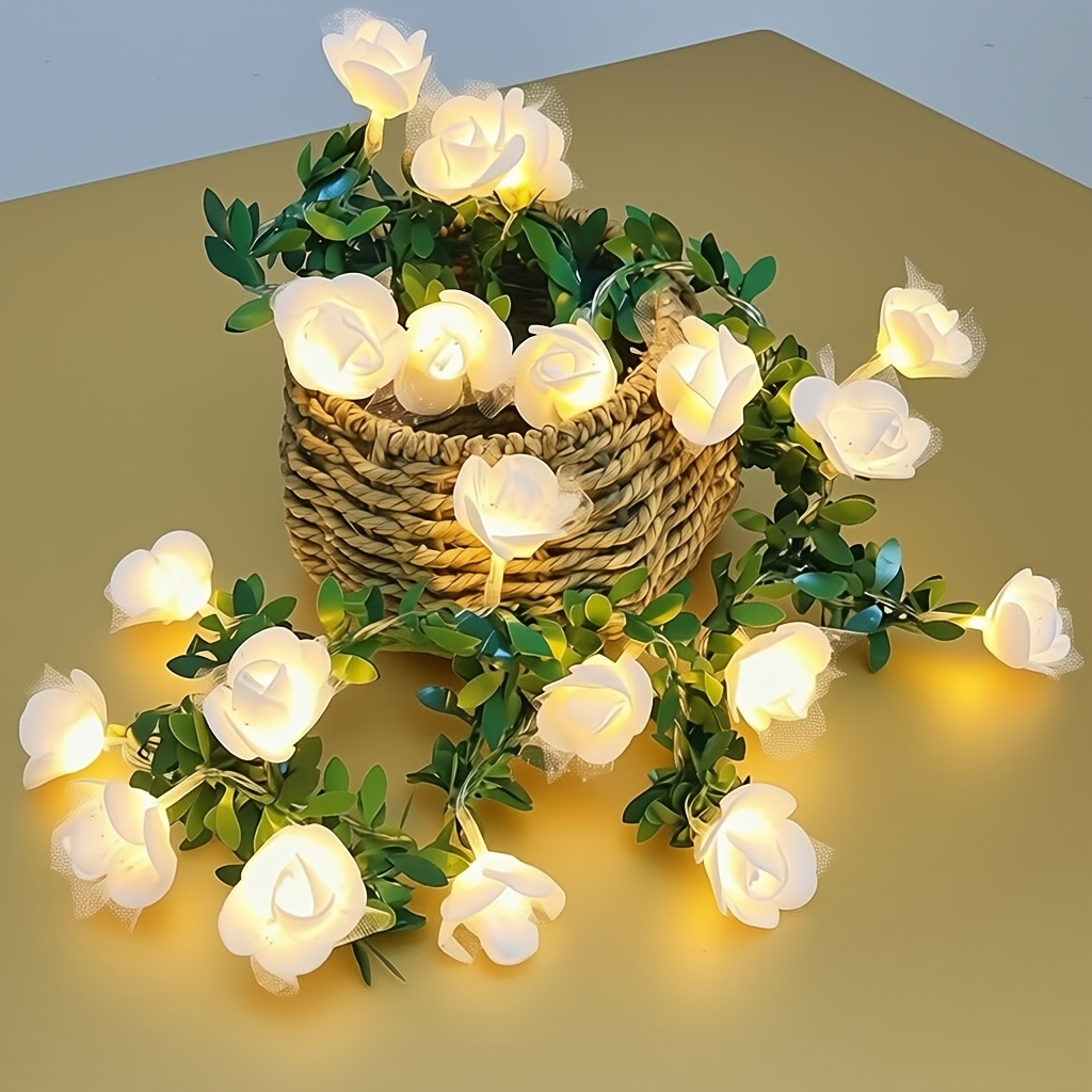 Image of White Rose Green Leaf String Lights - Warm Led, Perfect For Wedding, Bedroom, Valentine's Day, Christmas Decor, Holiday String Light Decoration, Battery Operated (battery Not Included)