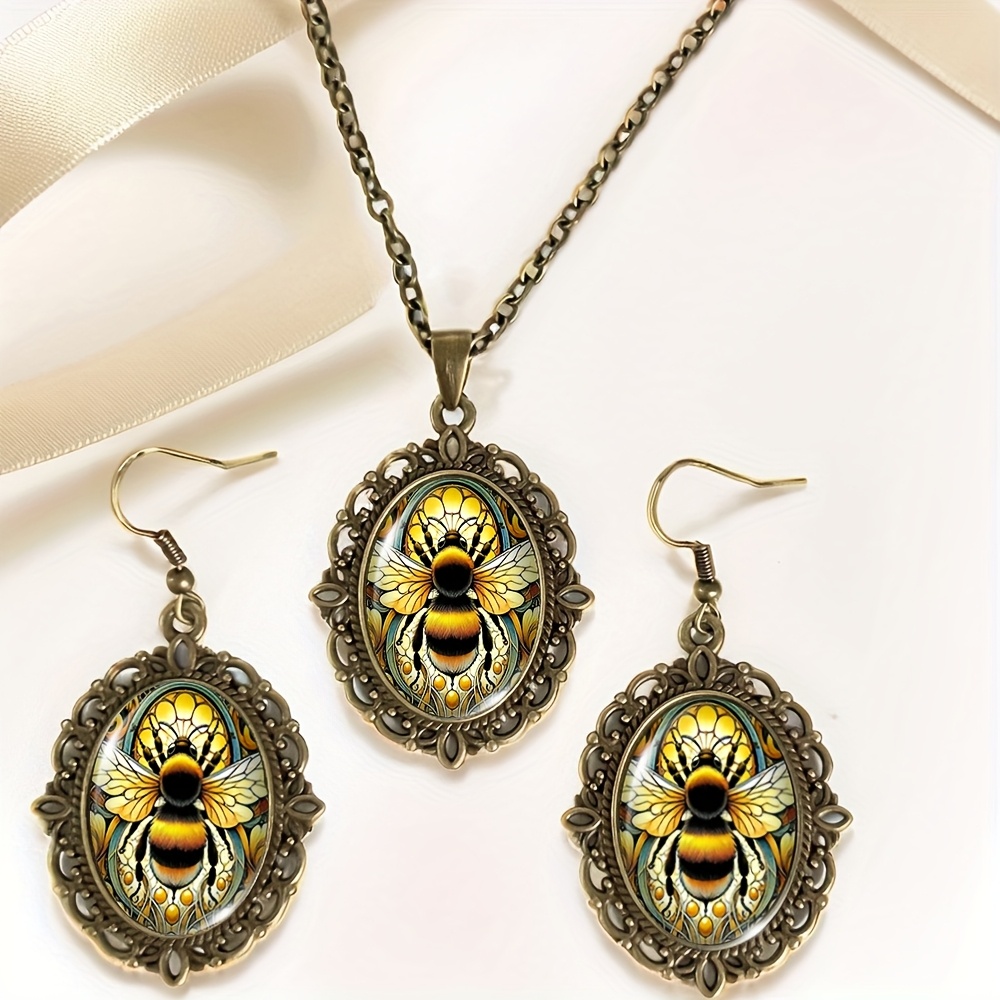 TEMU 3pcs Honeybee Necklace Earring Set Oval Glass Cabochon Jewelry