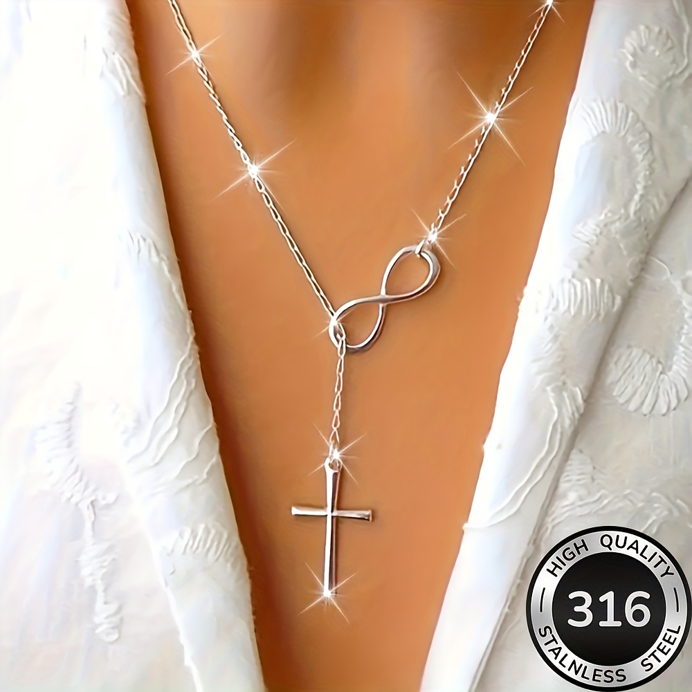 collier croix dorée en acier inoxydable de haute qualité,   à la décoloration, simple et élégant, adapté au port   ou aux  , accessoire de bijouterie tendance pour femmes, un cadeau délicat   Détails du produit 1