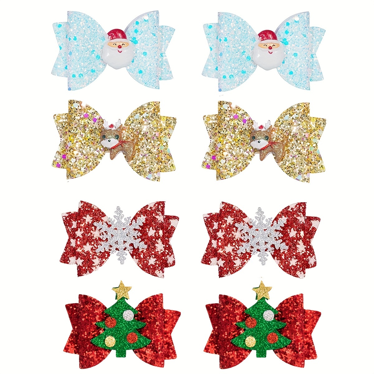 

8pcs Christmas Reindeer & Sequin Bow Hair Clip Set - Cute Faux Leather Holiday Party Accessories For Women And Girls