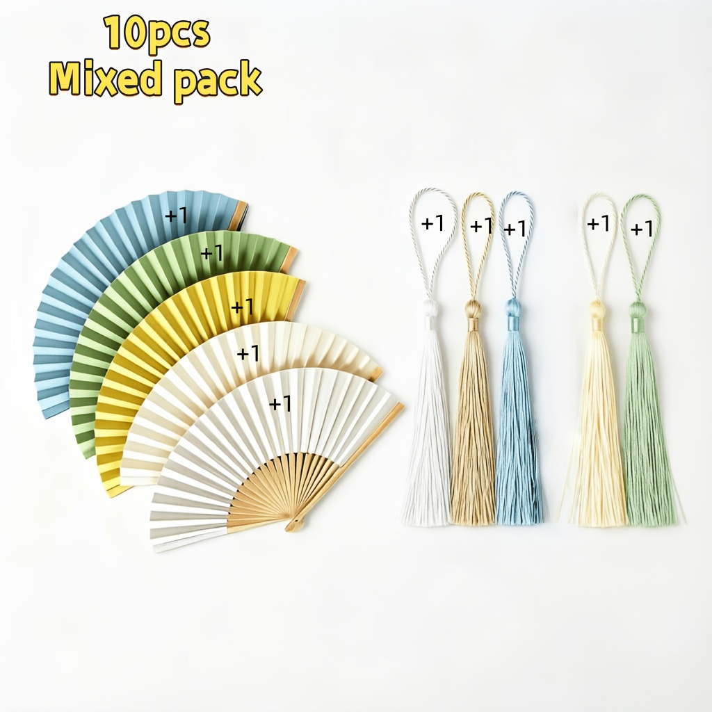 Image of Blank Diy Bamboo Folding Fan With Colorful Tassels, Hand Painting Craft Supplies, Wedding Favor, Gift For Birthday Halloween Christmas Party, Wall Home Decor Folding Fan