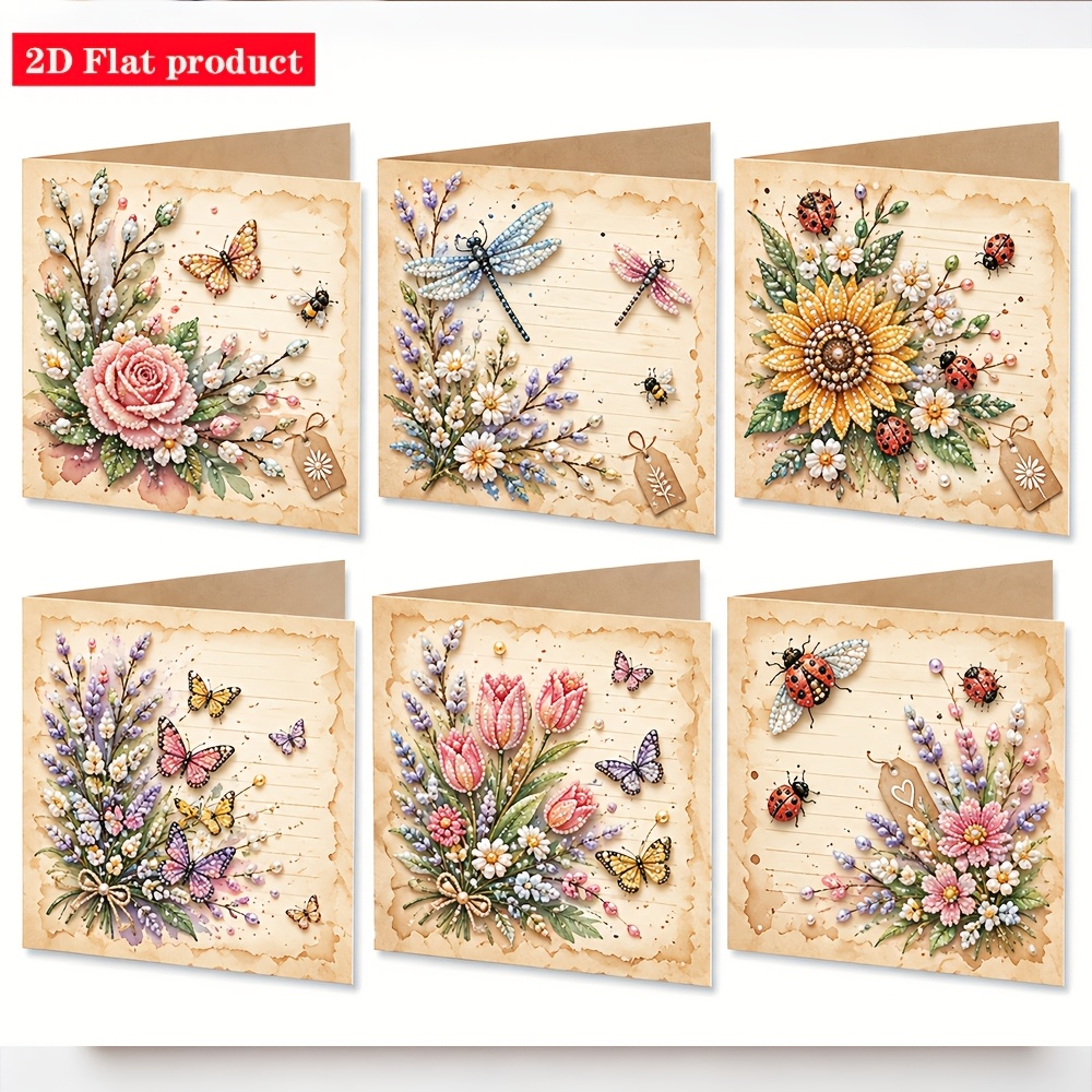 TEMU 2d -set Retro Floral Insect Pearl Diamond Painting Greeting Cards, Thank You Cards, Appreciation Cards, Handmade Set Including 6pcs Cards, 6pcs