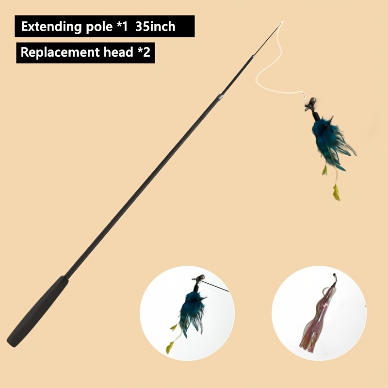 TEMU 3pcs Interactive Cat Toy With Retractable Pole - & Bell Teaser, Extendable Cat Fishing Rod With Realistic Nylon Feathers & Bells, Durable