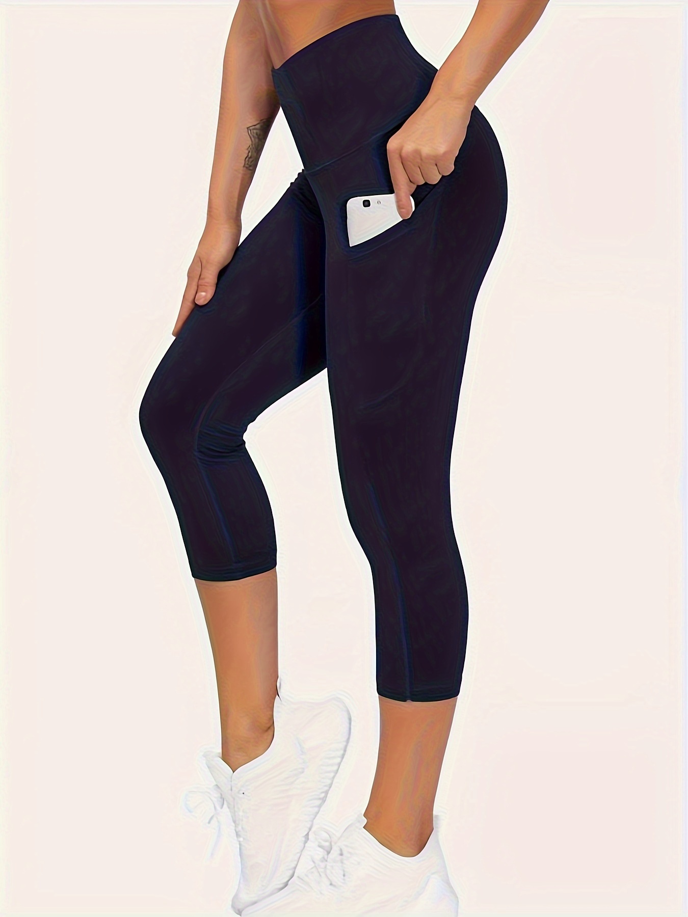 Women's Capri Leggings, Solid Pocket Stretchy Capri Leggings