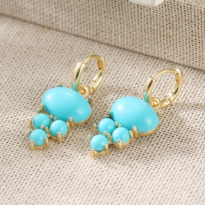 Image of 1 Pair ' Retro Plated Oval Turquoise Earrings - Elegant Vintage Jewelry Suitable For Daily Wear, Christmas Gifts & , Synthetic Earrings For Parties, & Holiday Gifts For Her
