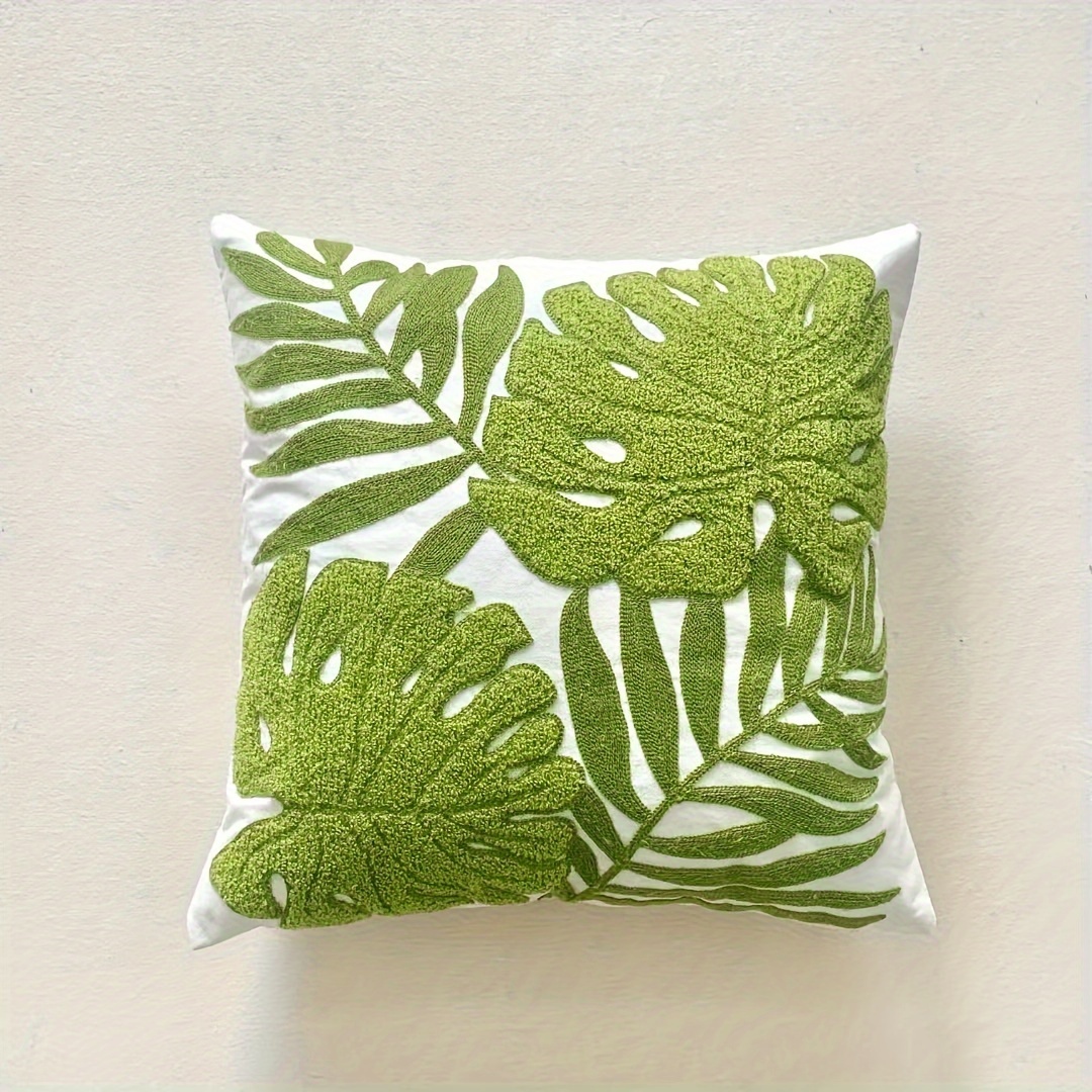 Chic Green Botanical Embroidered Throw Pillow Cover - Premium Cotton Blend, Zip Closure, For Decor