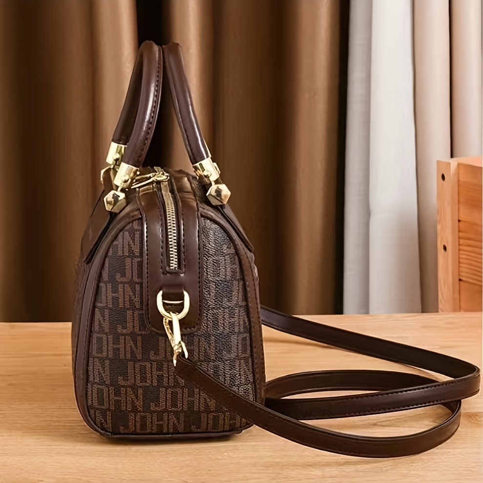 Designer-Inspired Boston Handbag for Women, Large Capacity Shoulder Bag with Zipper Closure, Polyester Lined, Painted Edges, Fashionable Versatile Crossbody Purse for Mature Ladies