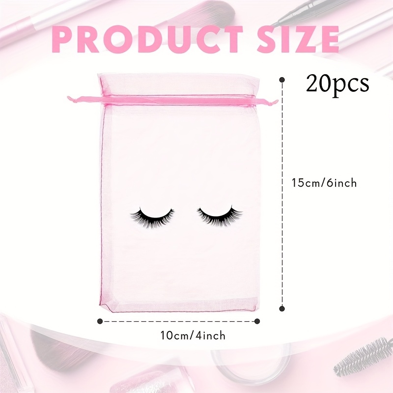 TEMU 20pcs Pink Eye Lash Print Organza Drawstring Gift Bags - Mesh Wedding Shower Birthday Party Favors With Ribbons, Reusable Clear Fabric Bags For