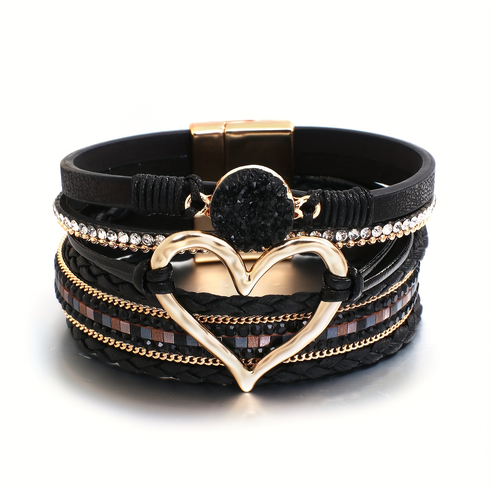 TEMU Bracelet jonc large multicouche bohème pour femme - Rayures tressées et cœur en strass, enveloppement artificiel multicolore adapté à un port ,