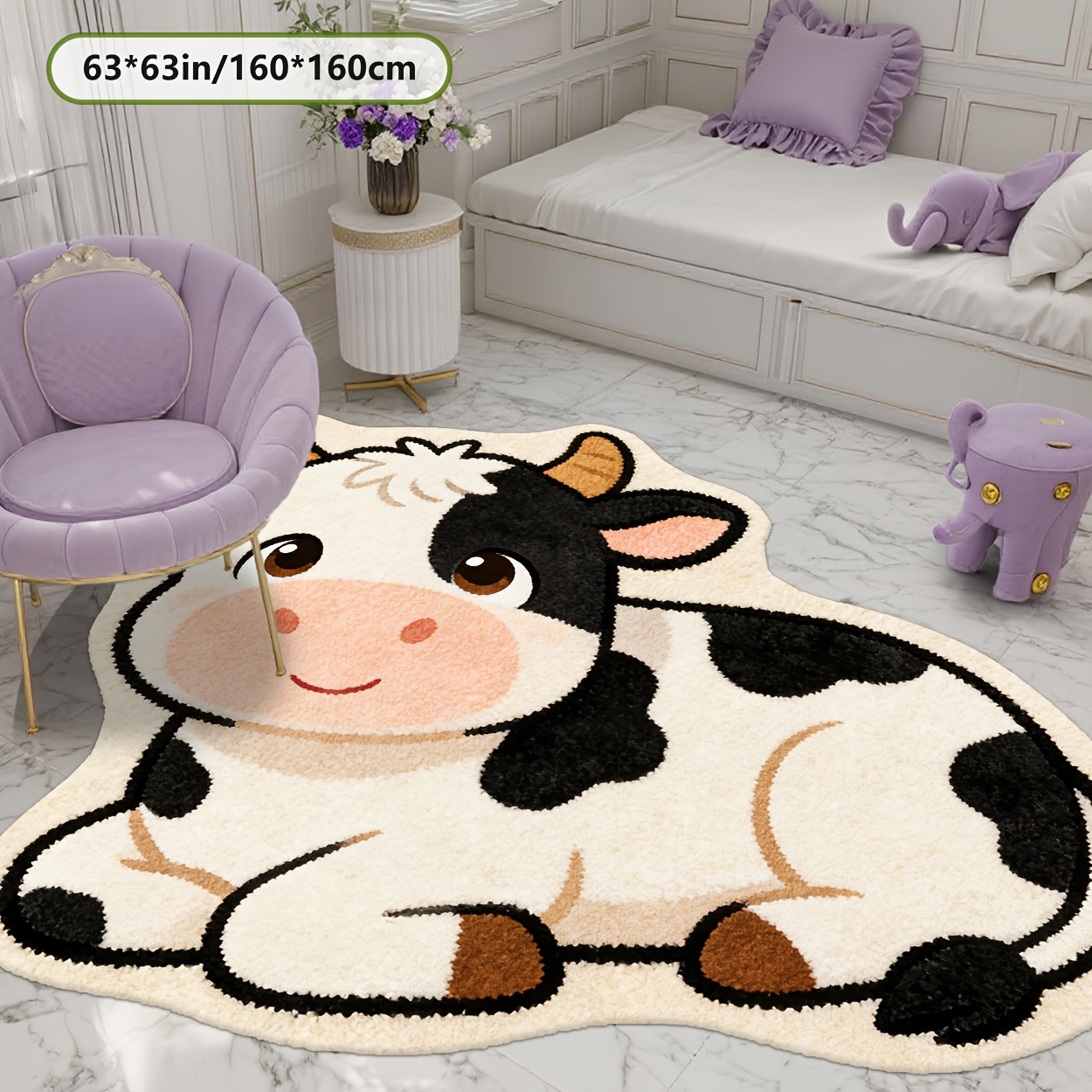 TEMU This Irregularly Shaped Rug Features A Cartoon Cow Design And Of Soft Plush Material With A Dotted Plastic Bottom. A Decor Item Suitable For
