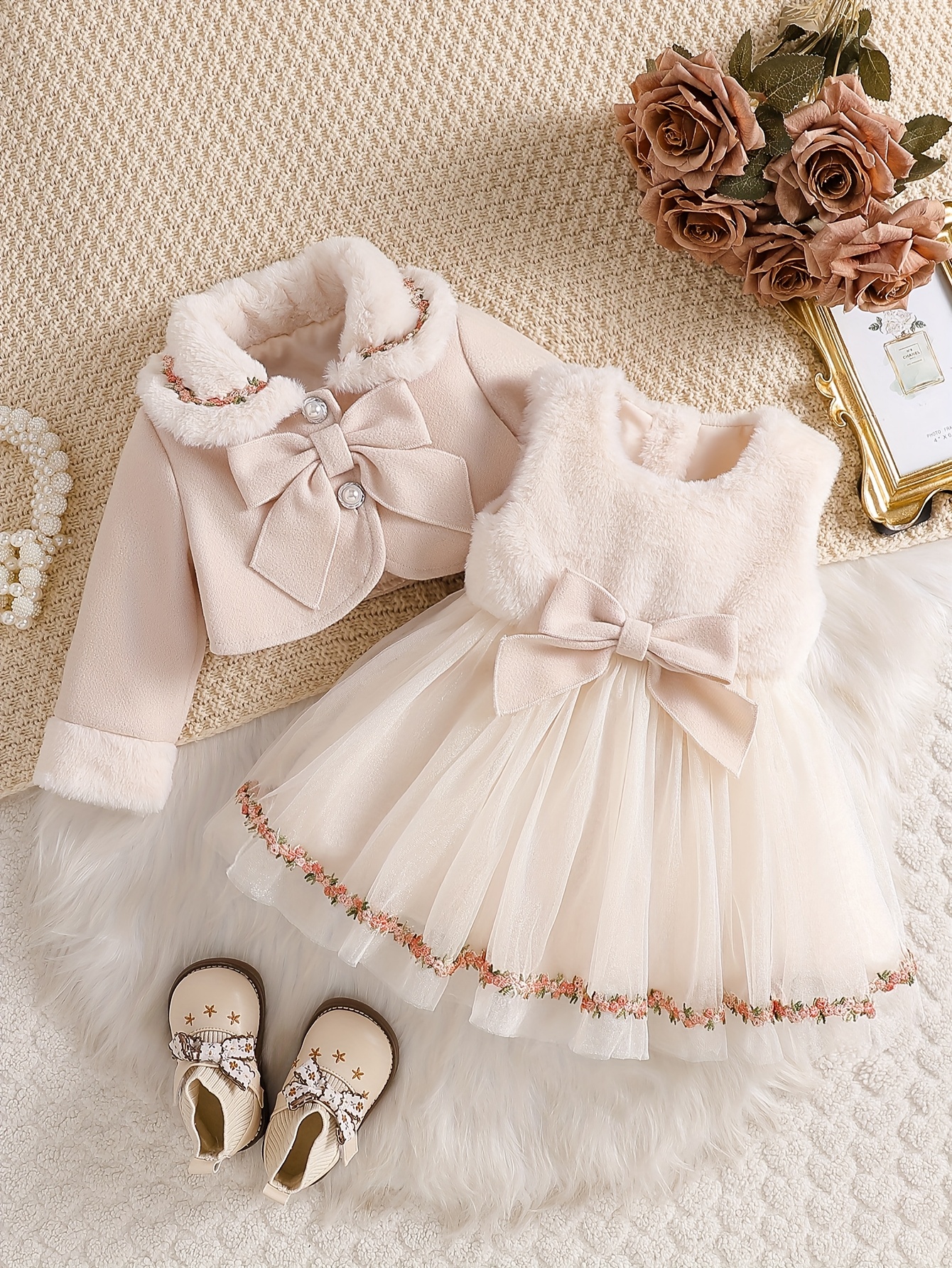 girls eid outfit ramadan dress autumn winter     dress set plush bow delicate dress fashion lace sweet skirt cute and gentle outfit for little princess sweet outdoor wear   outdoor Product details 5