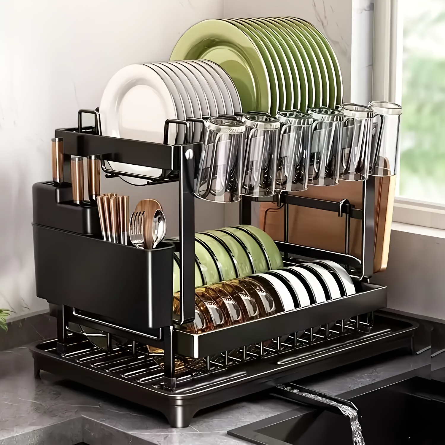 Large Detachable Stainless Steel Easy-to-clean Rust-proof Dish Rack With Cup Holder, Utensil Storage, And Cutting Board Holder, Suitable For Kitchen, For 2-4 Person Household