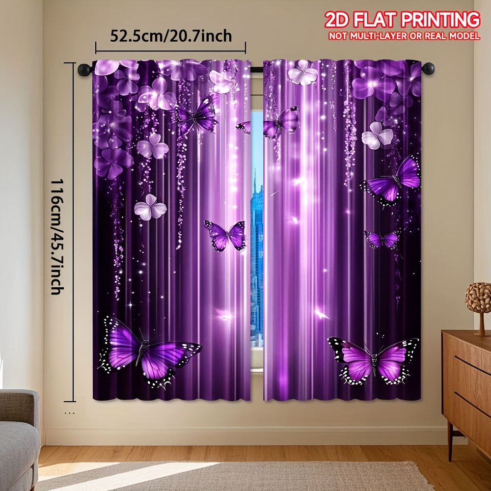 TEMU 2d Flat - 2d Flat - Set Of 2, 2d Printed Curtains Featuring A Purple And Made Of Polyester. Light-filtering Curtains With A Rod Are Perfect For