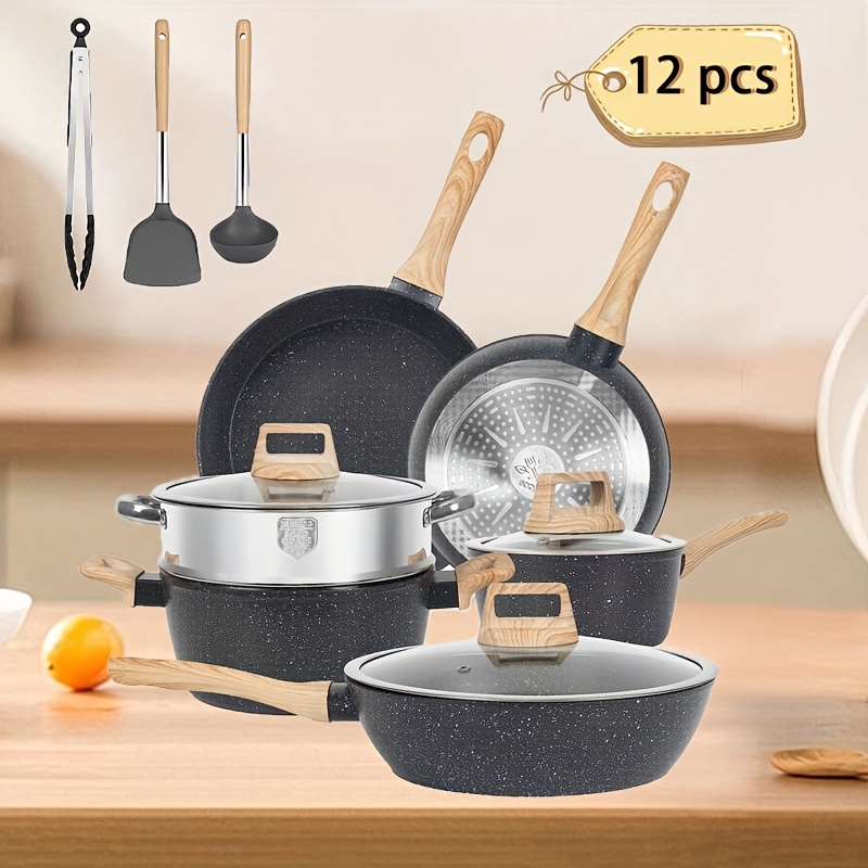 

12/5 Pots And Pans Set Cookware Set, Cooking Set Including Frying Pan, Saucepan, Steamer, Silicone Spatula Spoon And Tongs; Kitchen Utensils, Cooking Tools, Gifts For Friends, Gifts For Elders