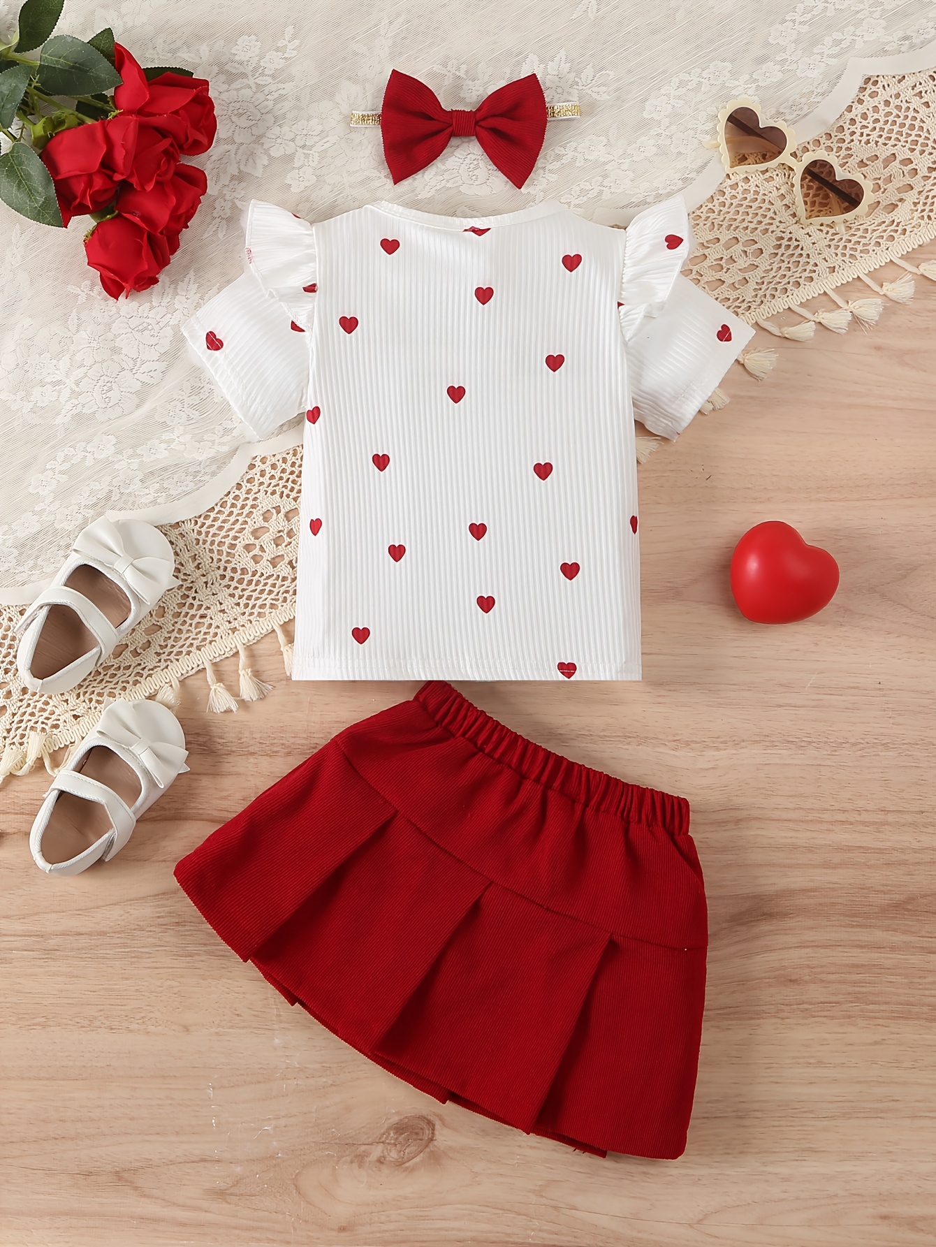 BHCHNTIY 's 3pcs Summer Outfit Set White Red Heart Print Sleeve Dress  with Bow Headband Waist Bow, Smock Dress Style Short Skirt, Machin