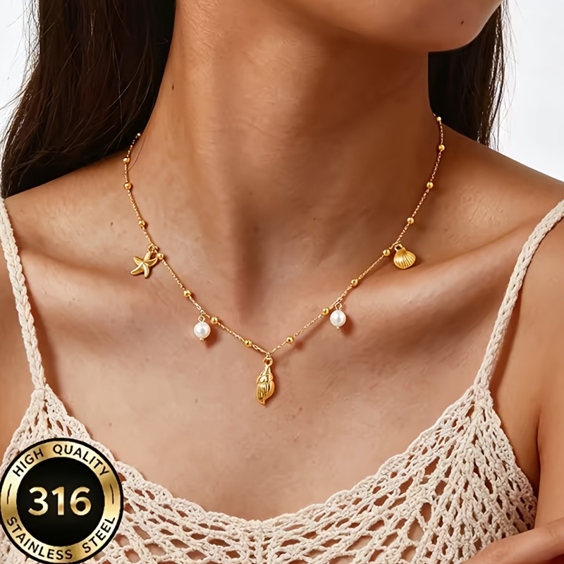 Women's Ocean-Themed Conch Pendant Necklace, 18K Gold Plated