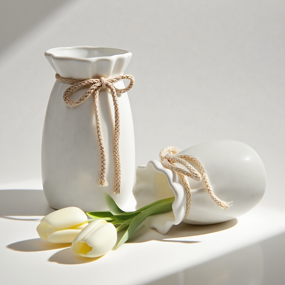 Image of 2pcs Farmhouse Vase Set Plastic Faux Flower Pot, Rustic Floral Centerpiece For Living Room Table Desk Decor, White Bow Planter For Home Decor, Gift For Mom, Kitchen, Wedding, Farmhouse Decor