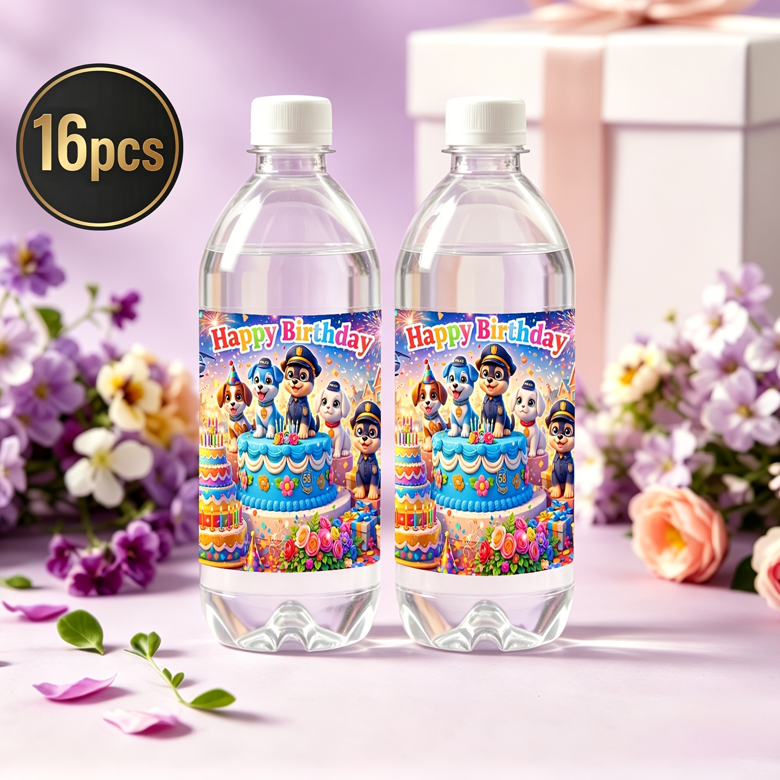 TEMU Étiquettes autocollantes plates 2D pour bouteilles d'eau, 16 pièces, Anniversaire avec des amis , parfaites pour les décorations de fête, les