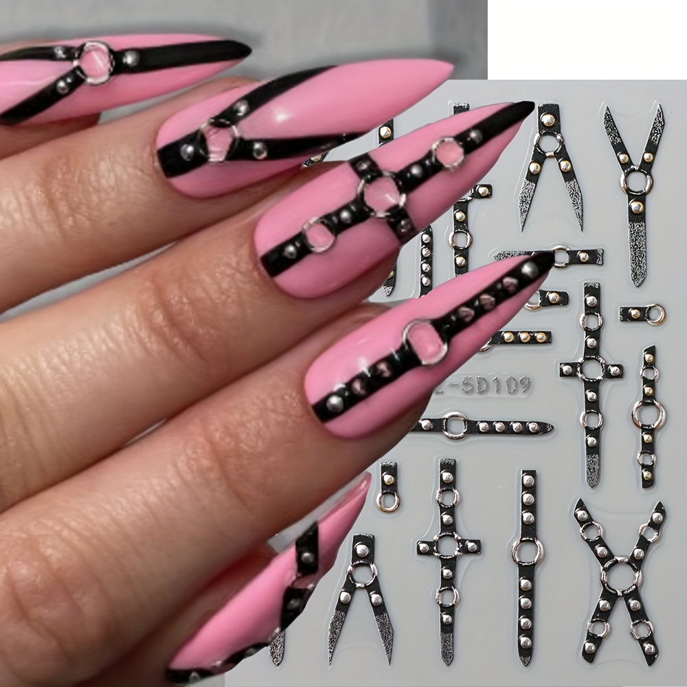 

1pc Ribbon Series Nail Stickers 5d - Black Dark Punk Style Ribbon Belt Xy-shaped Nail Stickers Self-adhesive Nail Charms Acrylic Nail Stickers Set, Women And Girls Nail Art Supplies