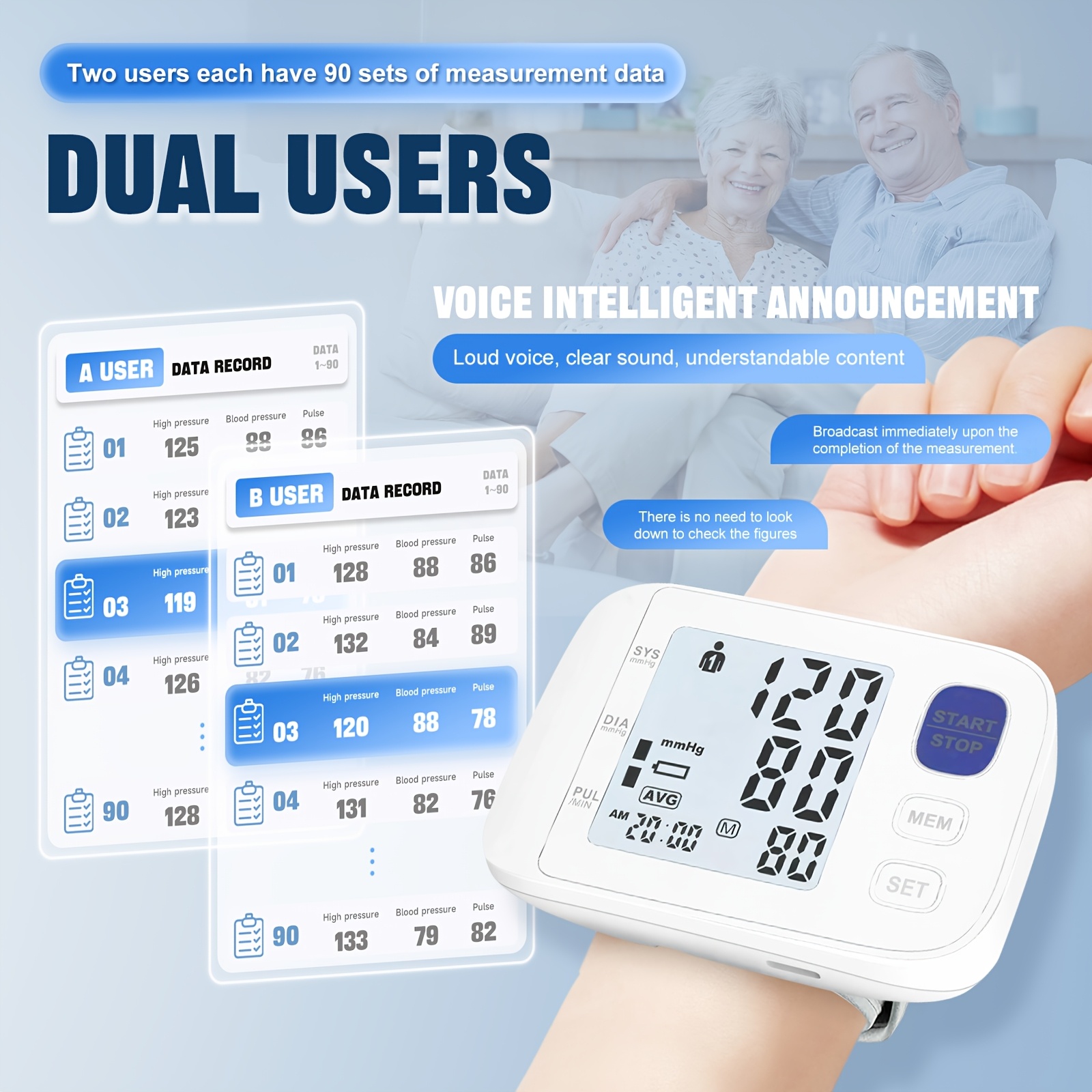 Wrist-type Blood Pressure Monitor, One-touch Measurement, Large LCD Display, Voice Prompts, Dual-user Memory, Lightweight And Portable, Specially Designed For Middle-aged And Elderly Users, Includes Cuff, Storage Pouch And Batteries. - Image 4