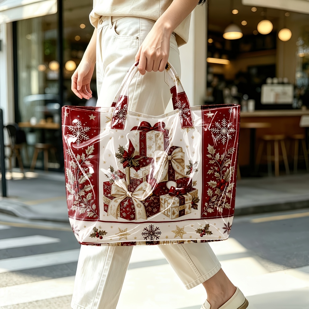 TEMU 1 pièce Sac brillant, Sac à main pour boîte cadeau de Noël vintage avec motif de neige et houx, Cadeau de Noël et de réveillon du Nouvel An,