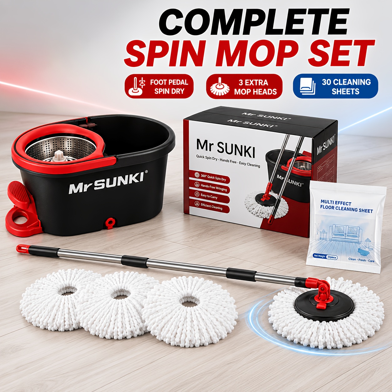 TEMU Spin Mop And Bucket Set With 3pcs Bonus Mop Heads | 60 In 360 Degree Easy Mop Handle | Includes 30pcs Cleaning Sheets