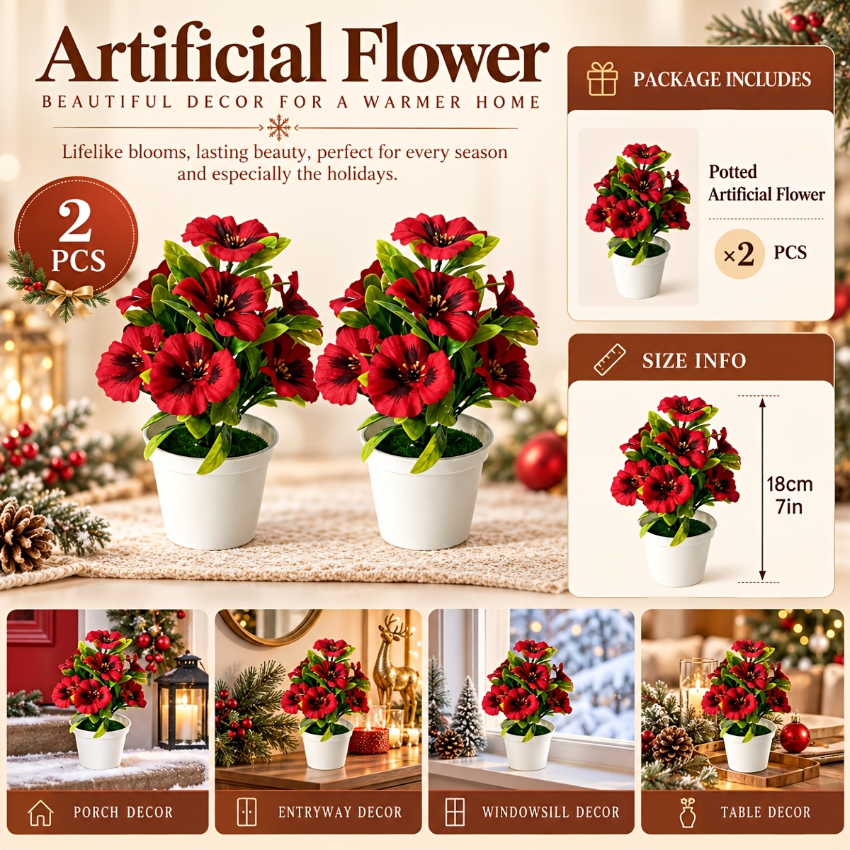 TEMU 2pcs Small Potted Artificial Flowers, Red Faux Flowers With White Pots, Mini Desktop Potted Plant Ornaments, No Watering Required, Easy To Care