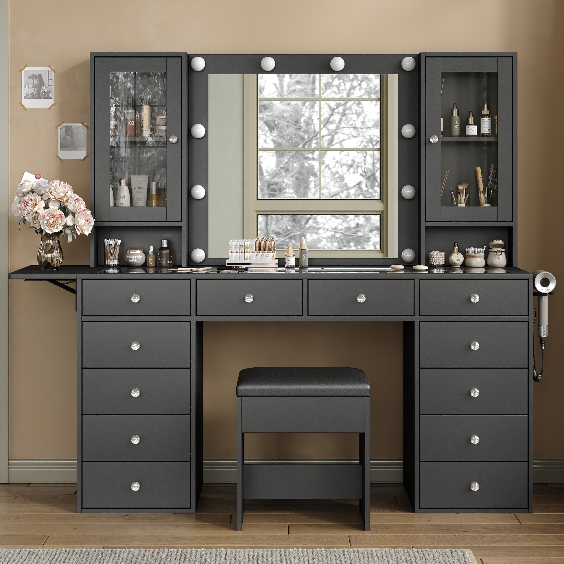 Vanity With Power Outlet, Vanity Desk With Mirror And 10 LED Lights, Makeup Vanity With 12 Drawers And 2 Cabinets, Fold-up Panel, Glass Top Dressing Table With Chair For Bedroom