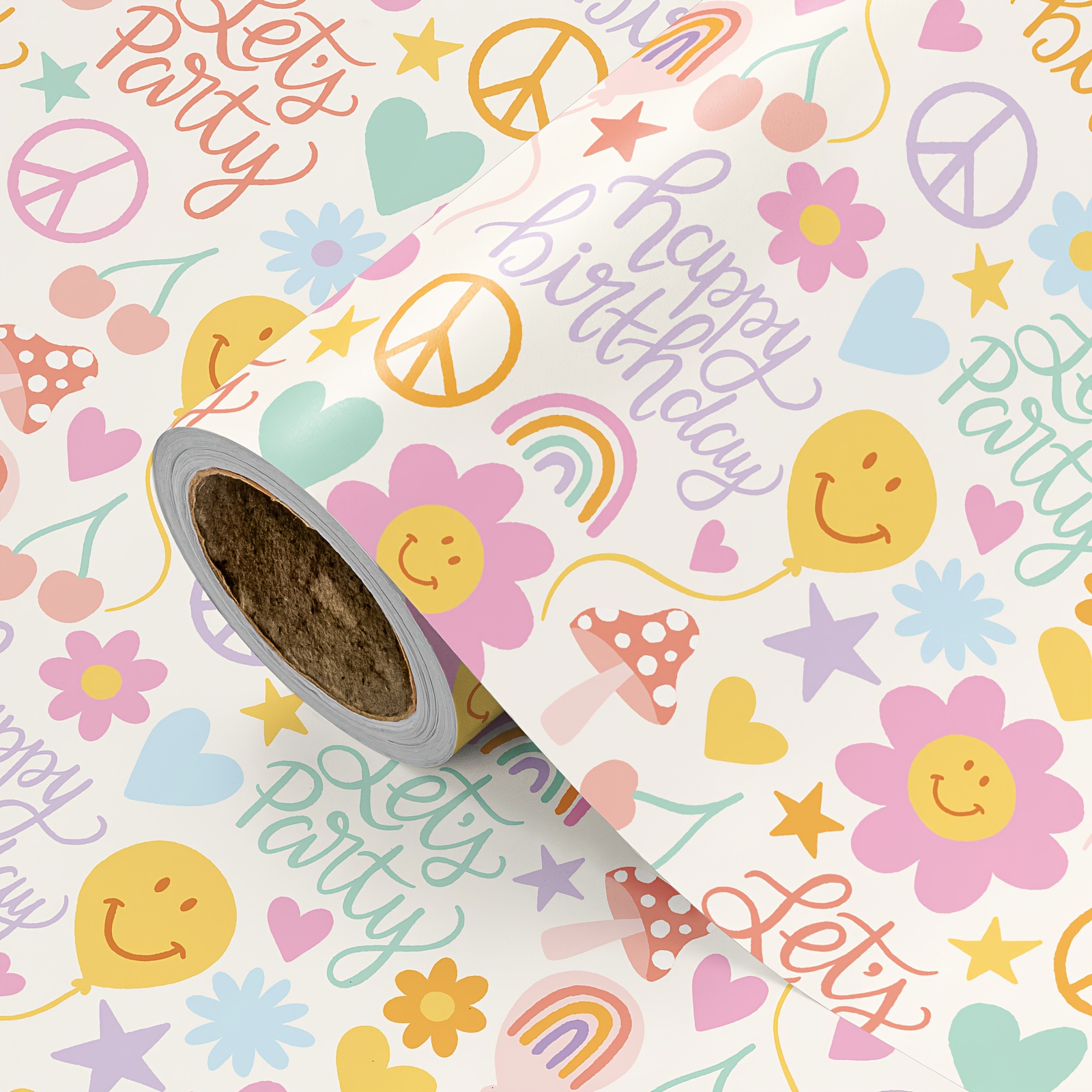 Image of 1 Roll Birthday Wrapping Paper | Groovy Elements ( Faces, Flowers, Peace Signs) & "happy Birthday/ Party" - Retro & Sweet For Birthday Celebrations - 43.2cm X 500cm (17" X 16.5')