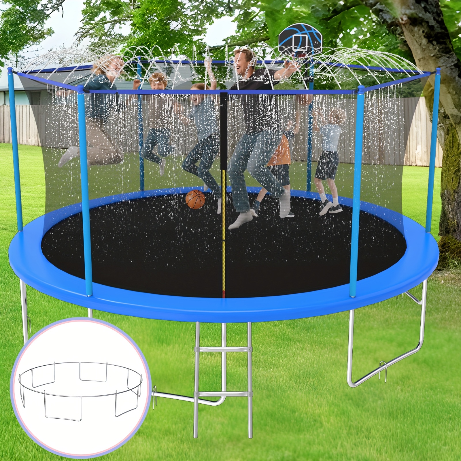 14ft/12ft/10ft Outdoor Kids Trampoline with Water Spray Device, Equipped with Safety Net and Heavy-Duty Rust-Resistant Frame, Suitable for Children and Adults, Includes Basketball Stand and Ladder Blue
