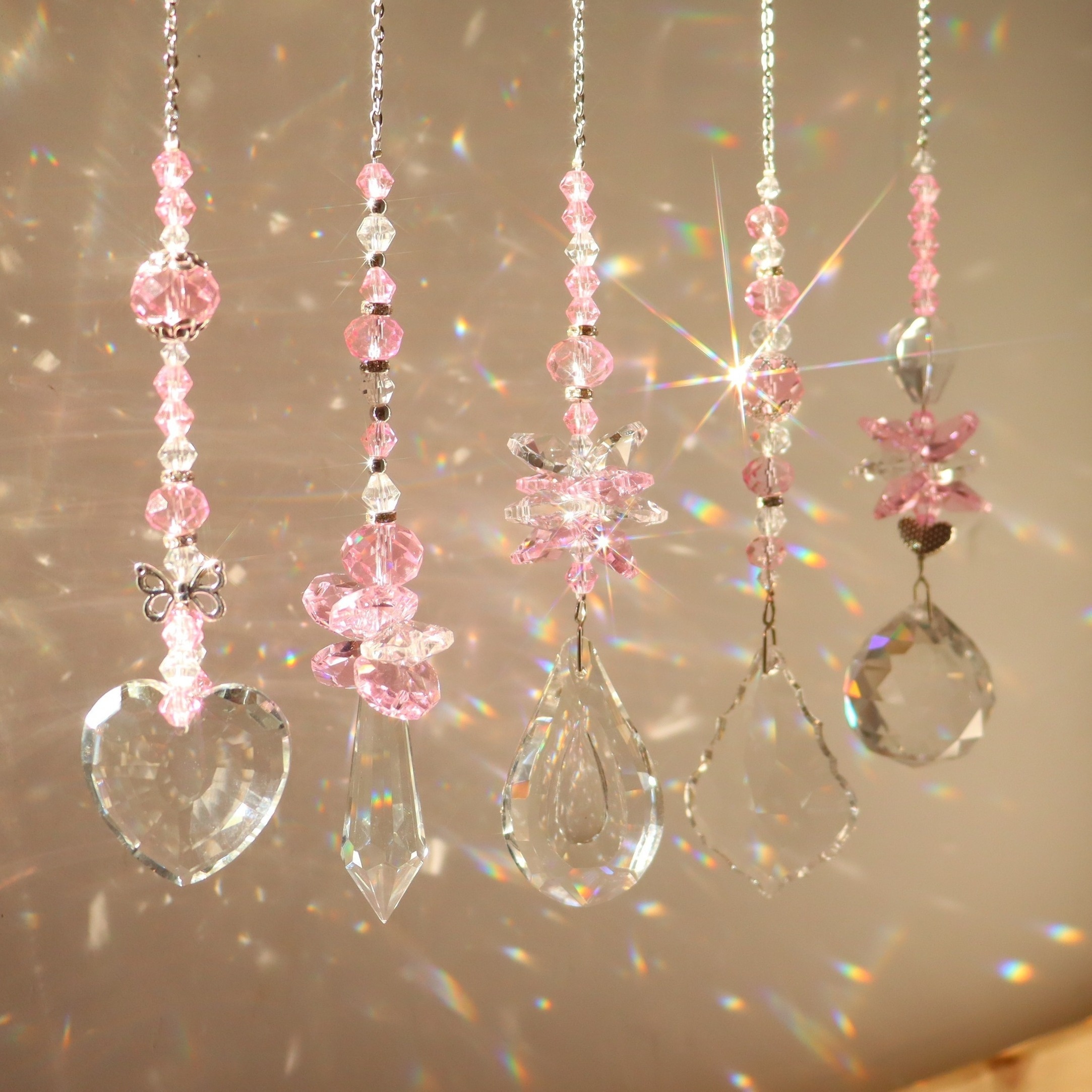 Image of 5pcs, Colored Crystal Hanging Wind Chime Pendant Colorful Maker, Ornaments For Window Home Garden Lamp Car Valentine's Day Christmas Party Decor