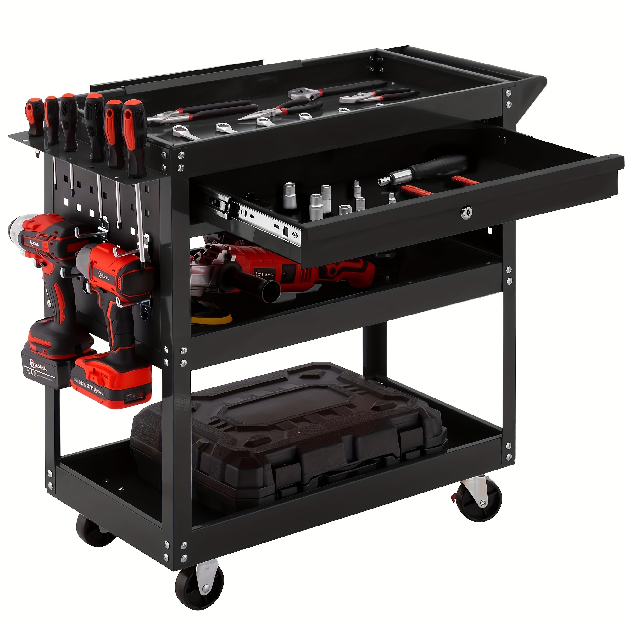 1pc heavy duty 3 tier rolling tool cart with back 330 lbs capacity industrial utility organizer with storage drawer and wheels for garage warehouse and   0
