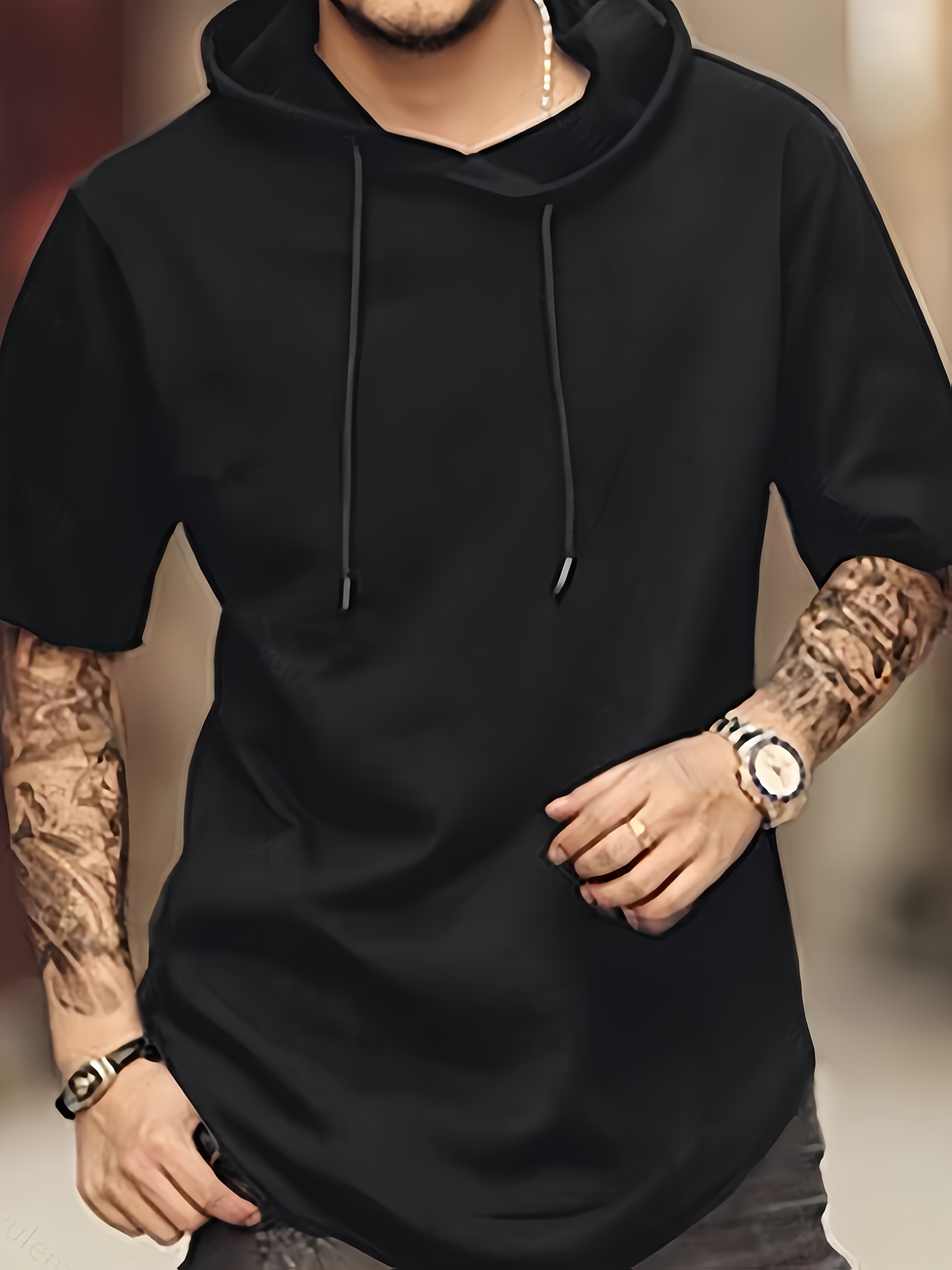 *'S Casual Black Hoodie T-Shirt Short Sleeve, Regular Fit, Solid Color  *table Fabric for Spring and Summer, Casual Wear|Hooded Tshirt|*