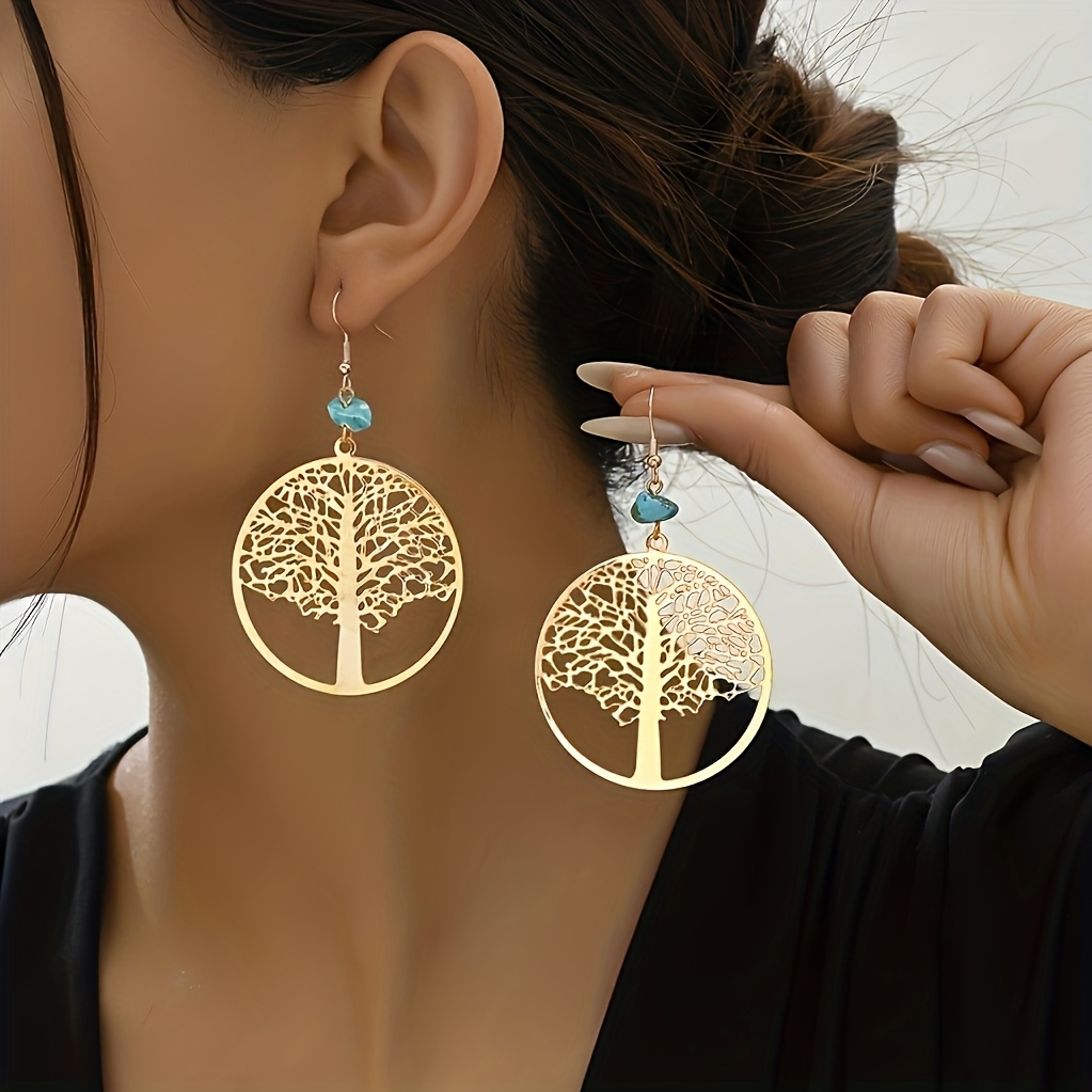 1 pair bohemian style tree of life hollow geometric large circle earrings natural niche design sense long drop earrings vacation outfit   accessory