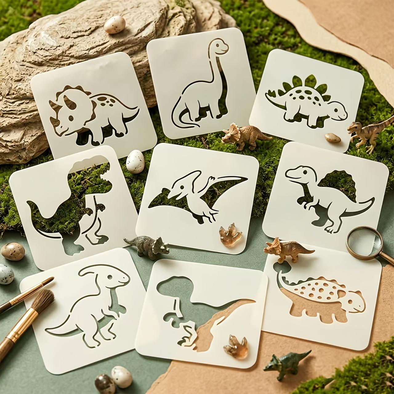 TEMU Dinosaur Template 9pcs Set Reusable Painting Template Large Pattern Art Craft Decoration Prehistoric Animal Design Template Suitable For Wall