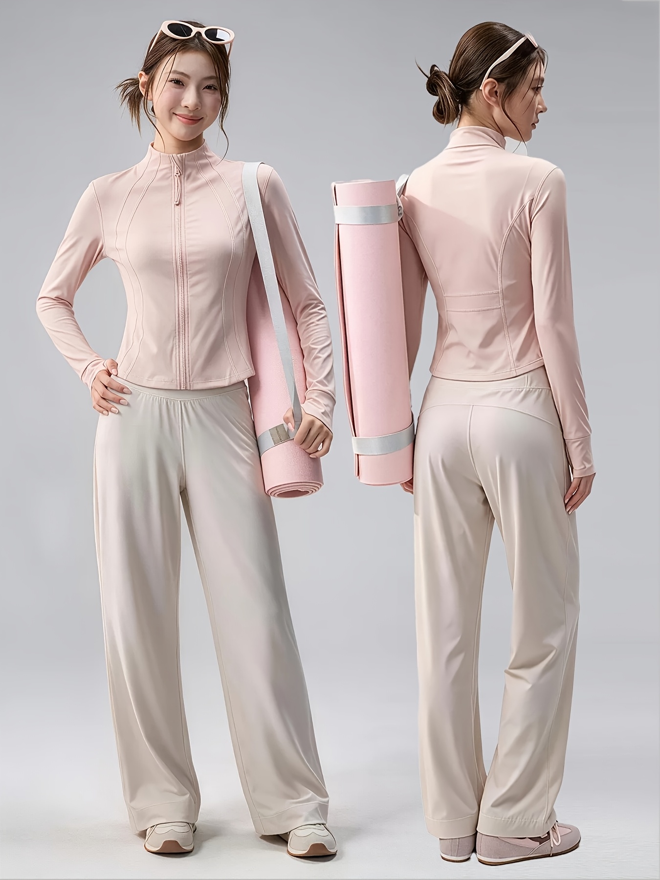 Women'S Stand-Up Collar Zip-Up Yoga 2pcs Set, Waist-Cinching Sports Jacket And High-Waist Wide-Leg Athletic Pants, Long