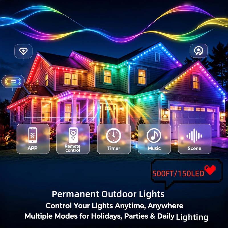TEMU 500/300/200/100/50ft Smart Rgb Outdoor Strip Lights, Lights For House, Smart App Control, Lights, For Halloween, Christmas, Parties, New Year &