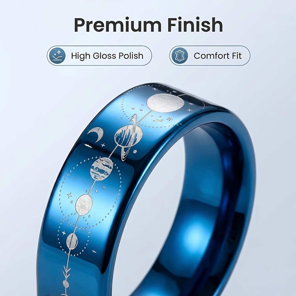 Engraved Blue Tungsten Carbide Cosmic Planet Wedding Band