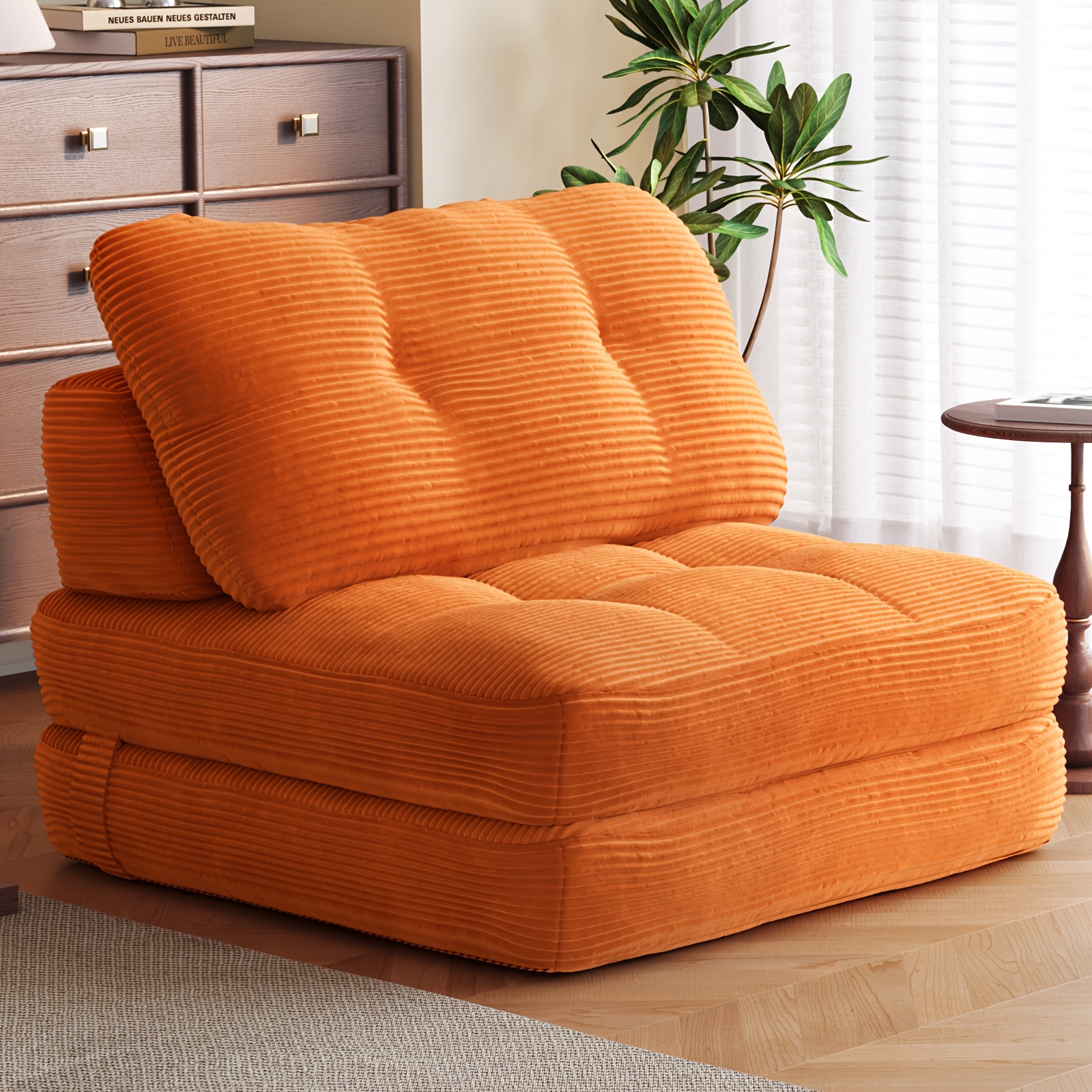 Orange Folding Sofa Bed, Modern Convertible Floor Sofa Chair, Armless Chair For Living Room, Bedroom & Apartment, Thick Cushioned Sleeper Couch, Space Relax Chair, No