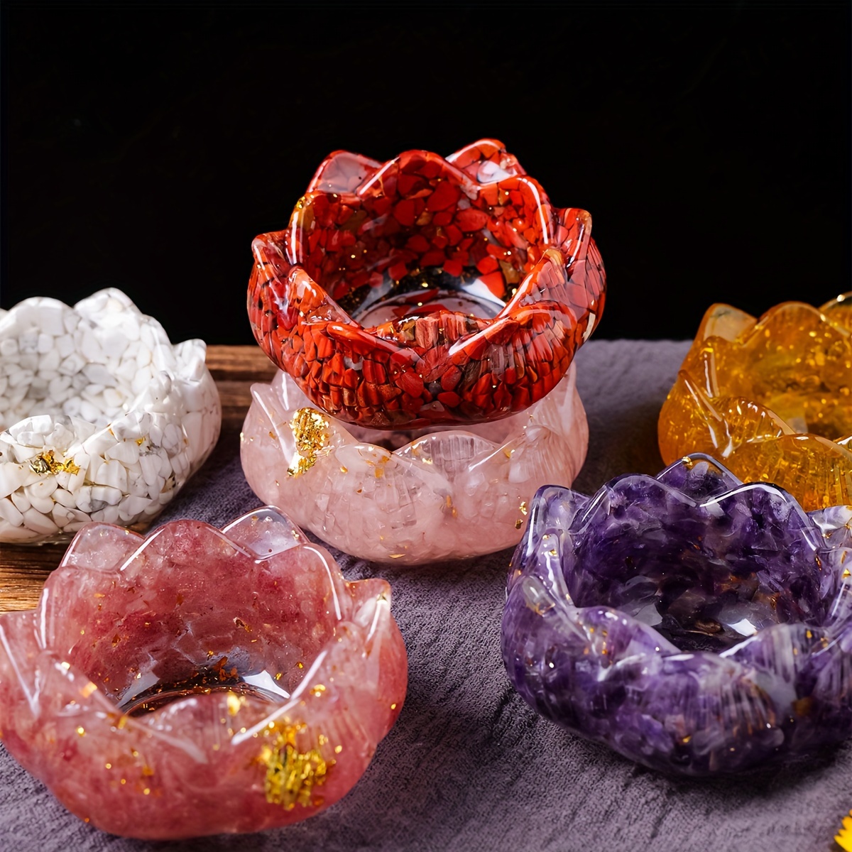 

1pc Natural Crystal Stone Resin Lotus Base Lotus Bowl, , Home Decor Craft, Diy Bead Jewelry Making Style, Runyangshi Brand, With Irregular And Small Chips